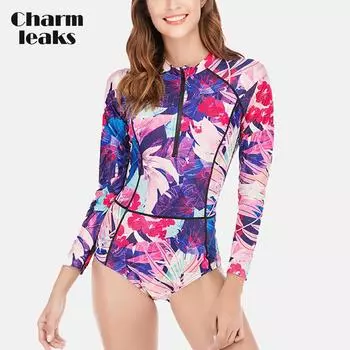 Charmleaks женский цельный женский купальник с длинными рукавами и принтом, быстросохнущая одежда для серфинга на молнии, купальник с круглым вырезом, Rash Guar UPF 50+ M-3XL M розовый
