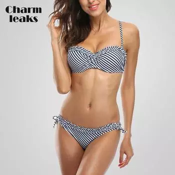 Charmleaks женский комплект бикини в полоску в стиле ретро, бикини с боковыми повязками, купальник, женский сексуальный купальник
