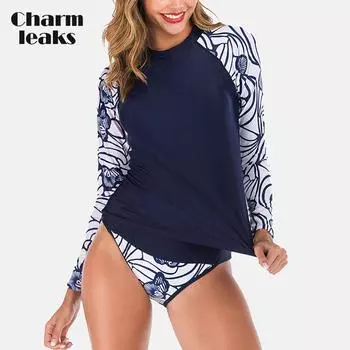 Charmleaks женский комплект из двух предметов с длинным рукавом Рашгард костюм для серфинга гидрокостюм консервативный купальник с принтом UPF 50+