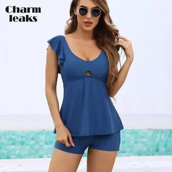 Charmleaks женский комплект из двух предметов танкини с рукавами в виде листьев лотоса в стиле ретро с вырезом и v-образным вырезом однотонный купальник