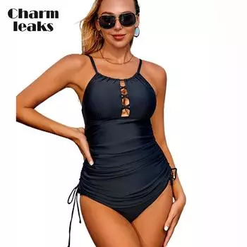 Charmleaks женский комплект танкини консервативные купальники комплекты для плавания с лямкой на шее спереди ажурный купальный костюм облегающие купальники с рюшами M синий