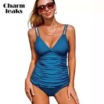 Charmleaks женский комплект танкини консервативные купальники комплекты для плавания на тонких бретельках с v-образным вырезом купальный костюм облегающие купальники с рюшами M синий