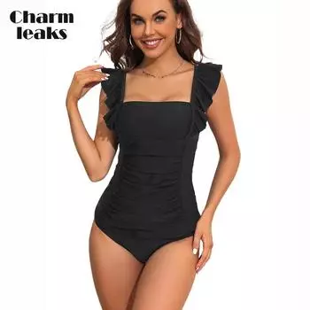 Charmleaks женский комплект танкини, однотонный купальник, комплекты для плавания, облегающий купальный костюм на бретельках с рюшами M чёрный