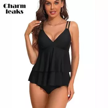 Charmleaks женский комплект танкини, однотонный купальник, комплекты для плавания, погоны, v-образный вырез, торт, подол, купальный костюм M чёрный