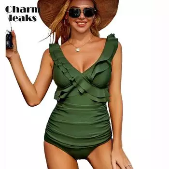 Charmleaks женский комплект танкини с полосой подол купальники комплекты для плавания на тонких бретельках с v-образным вырезом купальный костюм облегающие купальники с рюшами