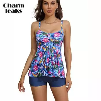 Charmleaks женский комплект танкини с принтом, купальники, комплекты для плавания, купальный костюм на бретельках с v-образным вырезом и открытой спиной