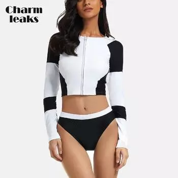 Charmleaks женский костюм из двух предметов с длинными рукавами для серфинга, купальник с цветными блоками, гидрокостюм, консервативный боксер со средней талией, комплект опрометчивой защиты UPF 50+