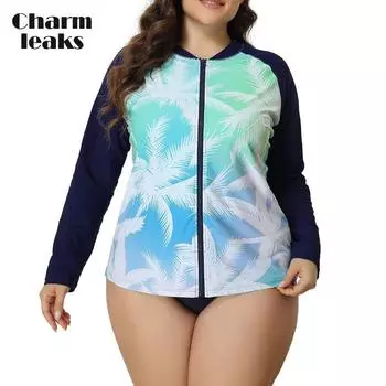 Charmleaks Женский купальник больших размеров с длинными рукавами и молнией, рубашка для плавания 1XL чёрный/синий