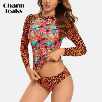 Charmleaks женский купальник из двух предметов с длинными рукавами, одежда для серфинга, цветочный принт, разделенный сыпь, комплект G, купальник UPF 50+