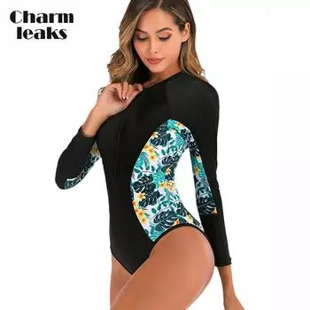 CHARMLEAKS Женский купальник, новый костюм для серфинга, купальник на молнии, цельный купальник, большой консервативный костюм для дайвинга, рашгард S