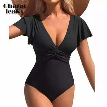 Charmleaks женский купальник с контролем живота, цельный купальный костюм с полным покрытием, v-образный вырез, ретро, купальник с рюшами S чёрный