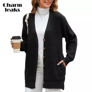CHARMLEAKS Женский легкий кардиган с открытым передом, пальто с длинным рукавом, застегивающийся на пуговицы, с V-образным вырезом, повседневный вязаный свитер l чёрный