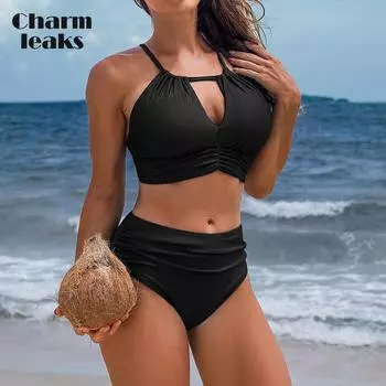 Charmleaks женский повседневный укороченный комплект бикини из двух предметов, однотонный купальник, купальный костюм S чёрный