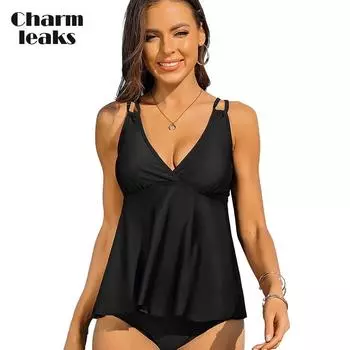 Charmleaks женский топ-танкини с глубоким V-образным вырезом, купальный костюм, топ с мягкой подкладкой, топ для плавания, только топ на бретельках M чёрный
