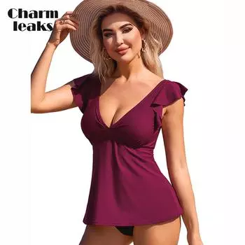 Charmleaks женский топ-танкини с рюшами на плечах, купальный костюм, топ с v-образным вырезом, купальник, топ, струящаяся майка-бикини XL чёрный