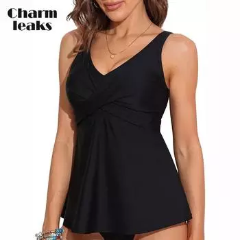Charmleaks женский топ-танкини с v-образным вырезом, купальный костюм, топ с мягкой подкладкой, топ для плавания, только топ на бретельках M чёрный