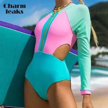 Charmleaks женский весенне-летний цельный купальник, сексуальный купальник с вырезами на молнии и цветными блоками