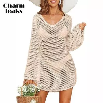 Charmleaks женский вязаный крючком купальник, накидка с рукавами-колокольчиками, пляжные накидки с открытой спиной, накидка на купальный костюм с зубчатым краем, купальник бикини L бежевый