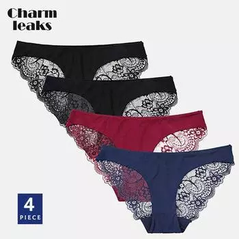Charmleaks женское нижнее белье, трусики, трусы, кружевные хипстерские трусы с v-образным вырезом, нейлон, 4 упаковки, прозрачные кружевные края XL
