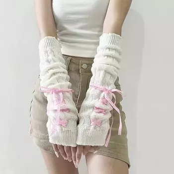 Charnuo Xiucai Asian Culture Gloves Japanese Style Knitting Oversleeve JK Young Adult Y2g Oversleeve Ribbon Tie Arm Sleeve White, Pink and White Silk Ribbon All yards
