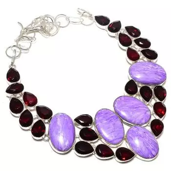 Charoite, Garnet handmade 925 Sterling Silver Jewelry Necklace 18 V5I99