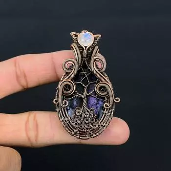 Чароит и лунный камень драгоценный камень ручной работы из чистой медной проволоки потрясающий ювелирный кулон 2.76 Inches синий