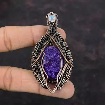 Подвеска из чароита, медная проволочная обертка, ручная работа, проволочная обертка, подвеска из радужного лунного камня, подвеска из драгоценного камня, медные украшения для подарка