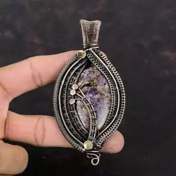 Подвеска из чароита, обернутая медной проволокой, подвеска ручной работы, ювелирные изделия из драгоценного камня чароита, старинные медные украшения, стильный кулон, подарок для мамы