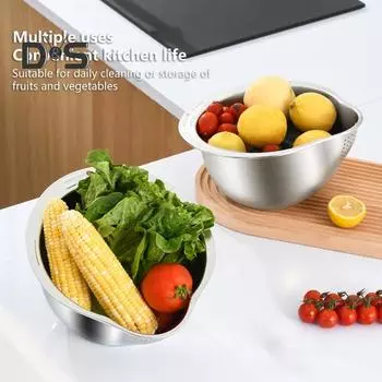 Чаша для мытья риса с ситечком, пищевая корзина для очистки овощей, фруктов, фасоли с отверстиями для тонкого фильтра, универсальный инструмент для кухни серебряный