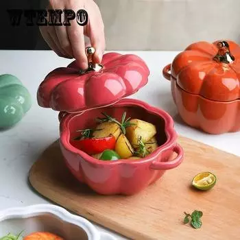 Чаша из тыквы, чашка для супа с крышкой, миска для выпечки, керамическая миска для риса, посуда для выпечки, миска для десерта, миска для супа, керамическая посуда красный
