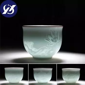Чашка для чая из селадона, керамическая кружка для воды с резной тенью, офисная чайная чашка Longquan, посуда для напитков ручной работы