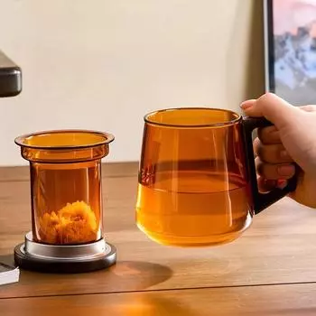 Чашка для чая из утолщенного стекла с высоким содержанием боросиликатного стекла для отделения воды от воды с ручкой из орехового дерева Чашки для чая для дома янтарного цвета