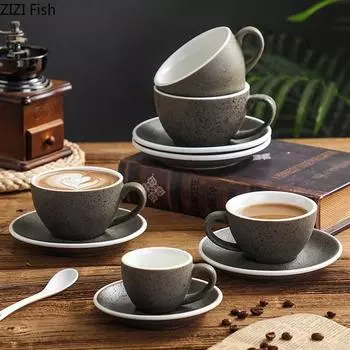 Чашка для кофе эспрессо, ретро-керамическая кружка, парный набор для послеобеденного чая, кофейная чашка с блюдцем и ложкой, домашняя и офисная посуда для питья 201-300ml