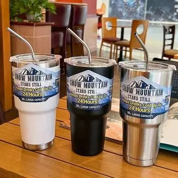 Чашка для льда из нержавеющей стали, 900 мл, изоляционный стакан большой емкости с соломой, автомобильная кофейная чашка для горячих холодных напитков, воды, чая, молока, офиса, изолированная на открытом воздухе 900ML