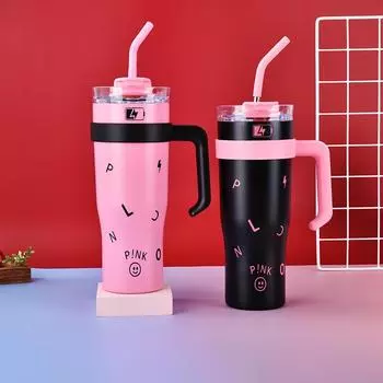 Чашка для воды большой емкости из нержавеющей стали, термос для перерыва на чай, кофейная чашка с ручкой, соломенная бутылка для льда чёрный