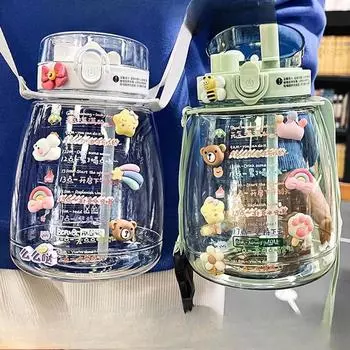 Чашка для воды Чайник большой емкости Большая чашка для живота Устойчивость к высоким температурам Студенты мужского и женского пола Двойная соломенная чашка для питья Чашка для воды летом 1300ml розовый