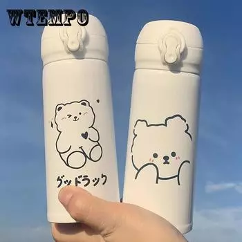 Чашка для воды Cure Bear для девочек, дорогая корейская версия простой термосы, бутылка для воды большой емкости, портативная детская чашка с защитой от падения 350mL