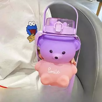 Чашка для воды, матовая, градиентного цвета, с медведем для девочек, летняя большая вместительная чашка-непроливайка, пластиковая чашка, детская чашка для воды 1100ml розовый