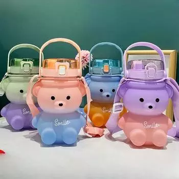 Чашка для воды, соломенная чашка с градиентом медведя, летняя пластиковая чашка большой емкости для девочек, детская чашка для воды для ПК 1400ml зелёный