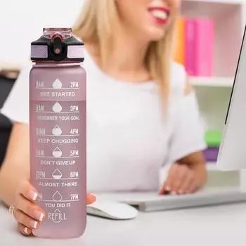 Чашка для воды Yousheng, 1000 мл, герметичная, большая емкость, с маркером времени, дизайн ремешка, пыленепроницаемая, мотивационная, спортивная бутылка для воды синий