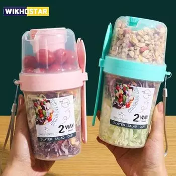 Чашка для завтрака, фруктов, овсянки, йогурта, салата с крышкой, ложка, двухслойная портативная чашка для хранения еды для фитнеса, снижения веса зелёный