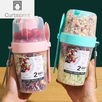 Чашка для завтрака, фруктов, овсянки, йогурта, салата с крышкой, ложка, двухслойная портативная чашка для хранения еды для фитнеса, снижения веса зелёный