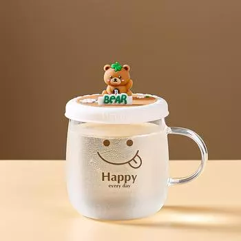 Чашка из боросиликатного стекла с крышкой и симпатичным медвежонком, термостойкая, для офиса, для девочек, творческая, мультяшная чашка 500ML