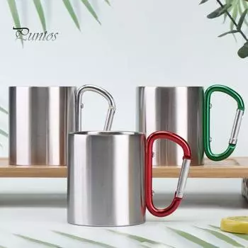 Чашка из нержавеющей стали 220 мл, двухслойная чашка для кемпинга, путешествий, ручек, карабинов, походов, переносных чашек, кружек для чая и кофе на открытом воздухе серебряный