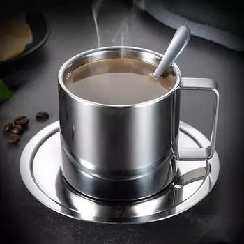 Чашка из нержавеющей стали 304, кофейная чашка 280 мл, кружка, ложка и блюдце, стаканы для воды, кружка для молока, кофейные кружки, чайные чашки, домашняя посуда для напитков, чайная чашка 201-300ml