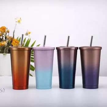 Чашка из нержавеющей стали с трубочкой и крышкой, многоразовая двухслойная бутылка, портативная термокружка для сока, молока, кофе, модная посуда для напитков, 500 мл серебряный