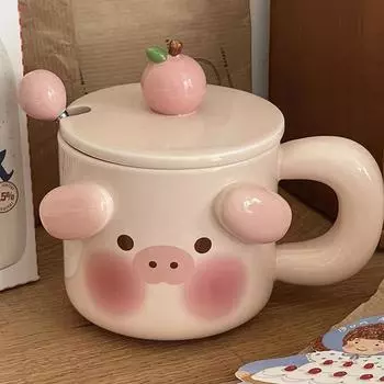 Чашка Mark, милый мультяшный персонаж с крышкой, ложка, пара, керамическая, для мужчин и женщин, креативный подарок на день рождения, подарочная коробка, чашка для воды 400 мл, 1 шт.