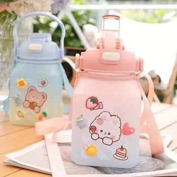 Чашка-непроливайка 1200 мл, регулируемый плечевой ремень, легко носить с собой, милая бутылка для воды для девочек, герметичная, герметичная соломенная чашка, для путешествий на открытом воздухе розовый