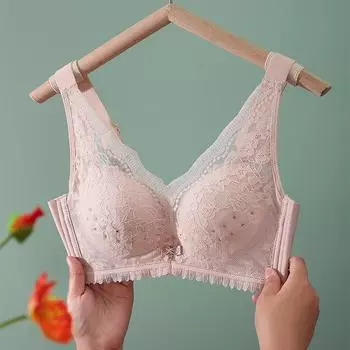 чашка с отверстием молочный эластичный хлопок тонкий дышащий кружевной бюстгальтер без стальных колец чашка B немагнитный большая грудь небольшая регулировка 75B синий