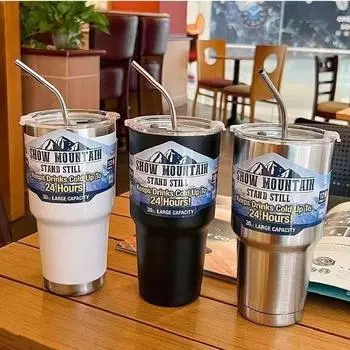 Чашка-термос из нержавеющей стали 304, большая емкость, автомобильная кофейная чашка с соломенной чашкой для воды, чашка для льда, охлаждающая чашка, автомобильная кофейная чашка silvery